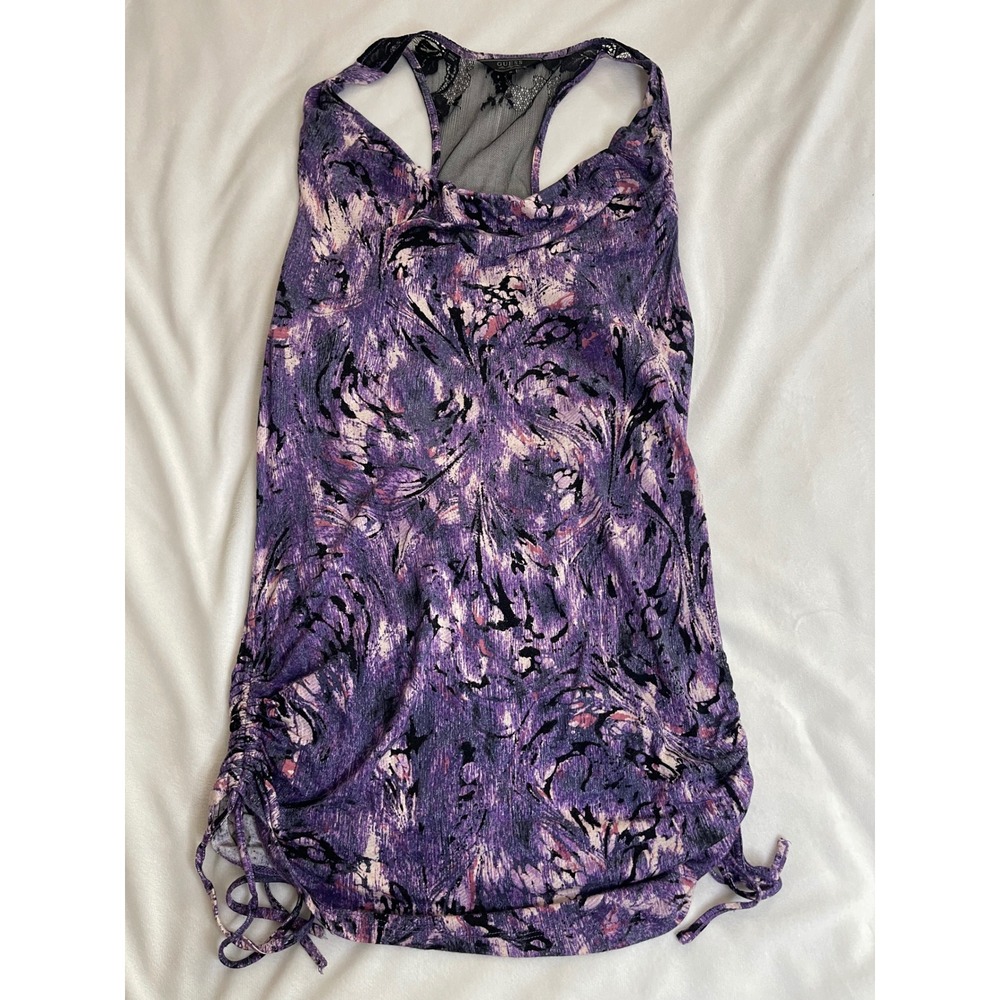 GUESS Los Angeles Purple Abstract Cowl Neck Lace Racerback Ruched Tank Top Small